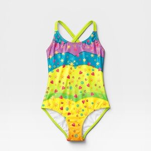 Girls' Rainbow Heart & Star One-Piece Swimsuit in Neon Yellow